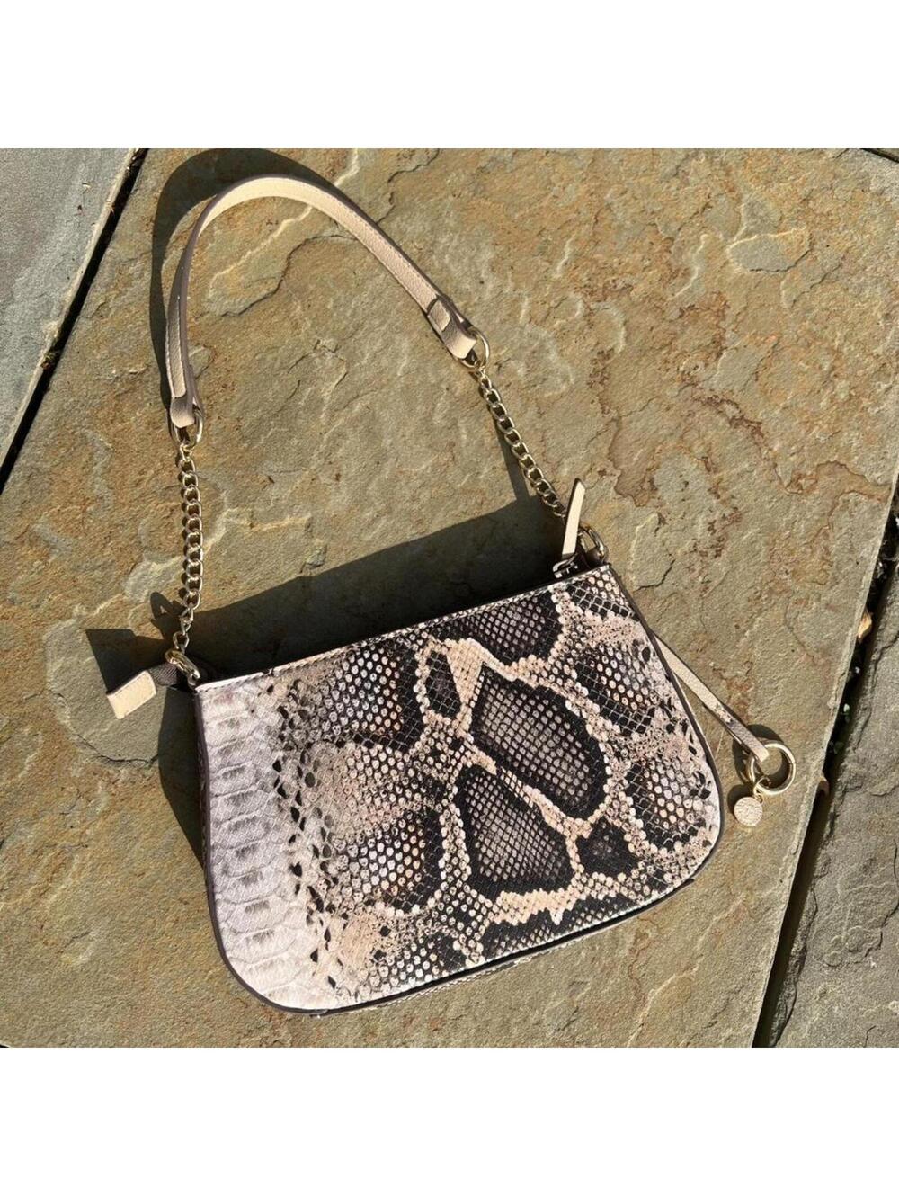 Tan Snake Print Leather Shoulder Bag